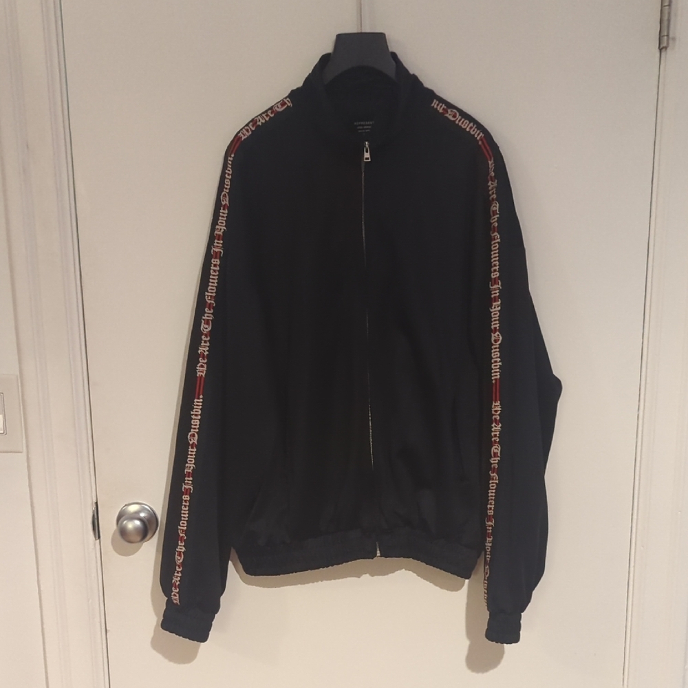 Black Jacket with Red and White Text Accents